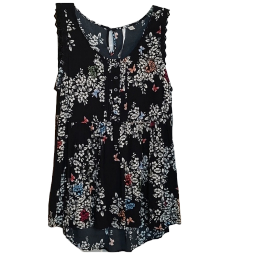 Black w/ Dainty Floral Design Empire Style Hi Low Sleeveless Top sz Medium